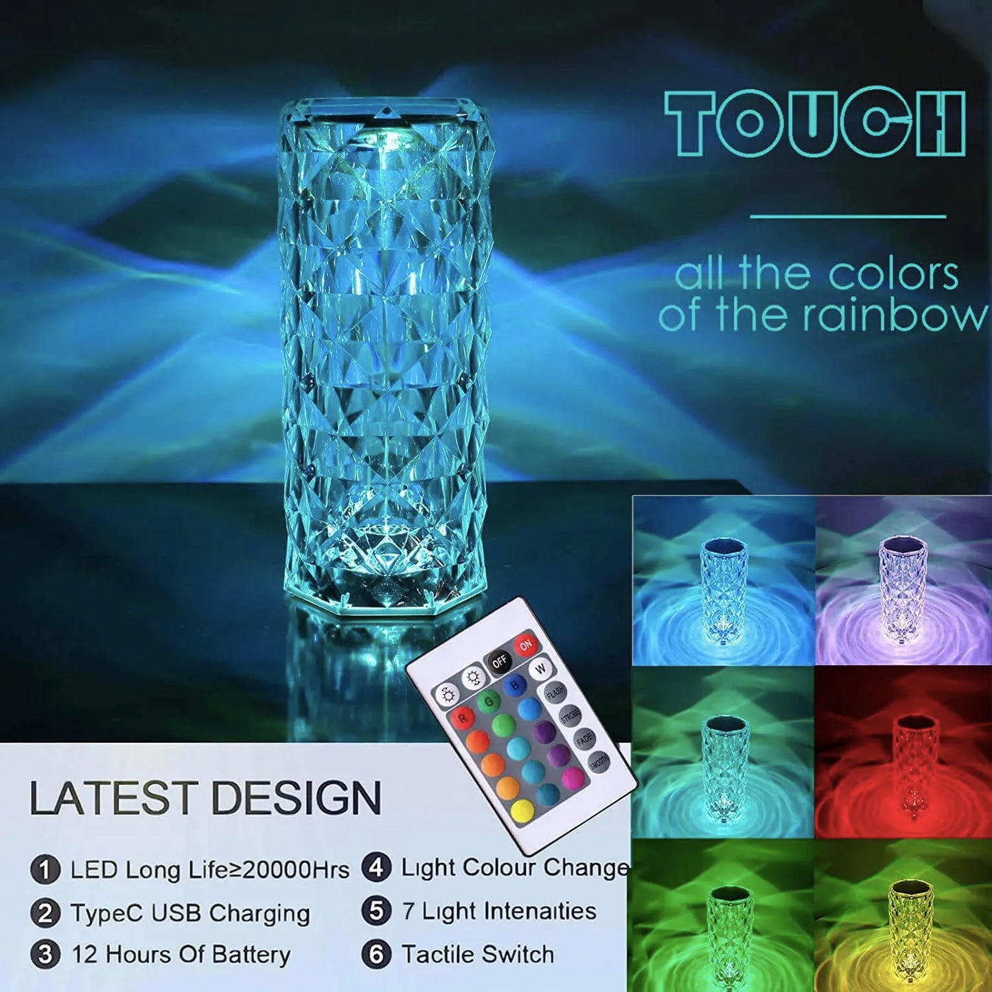 Rechargeable 16 Colors Rose LED Night Light Color Changing Crystal Touch Lamp